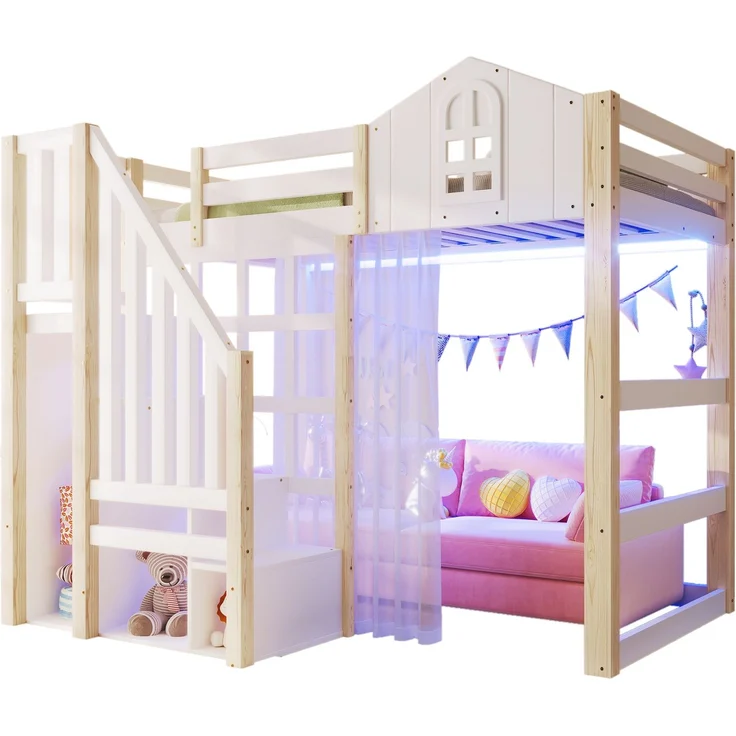 Hochbett 90x200 cm mit LED-Leuchten, Fensterform, Ablageleiter, offenem Staufach, Gaze, Kiefernholz, Weiß+Natur – Bild 1