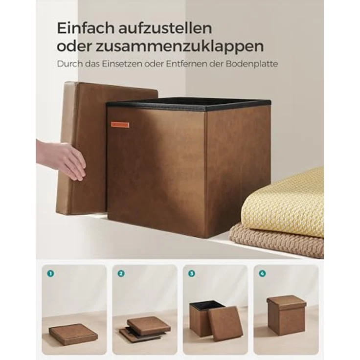 Songmics Sitzhocker 38 cm, Aufbewahrungsbox faltbar, Fußhocker mit Deckel, aus Kunstleder, bis 300 kg belastbar, für Eingang, Wohnzimmer, Schlafzimmer, kaffeebraun LSF010K01 – Bild 7