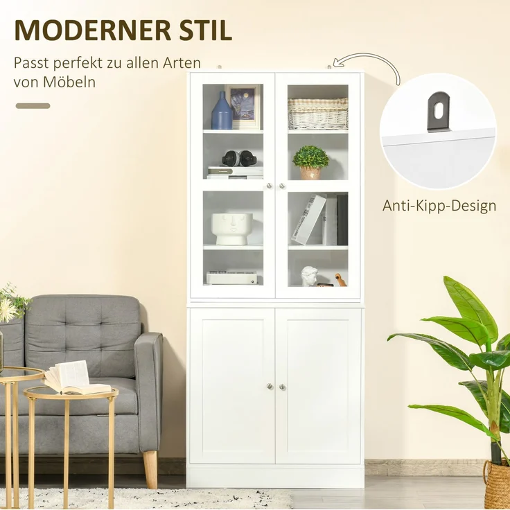 Bücherschrank 76 x 40 x 178,5 cm mit Glastüren und verstellbaren Einlegeböden – Weiß – Bild 4