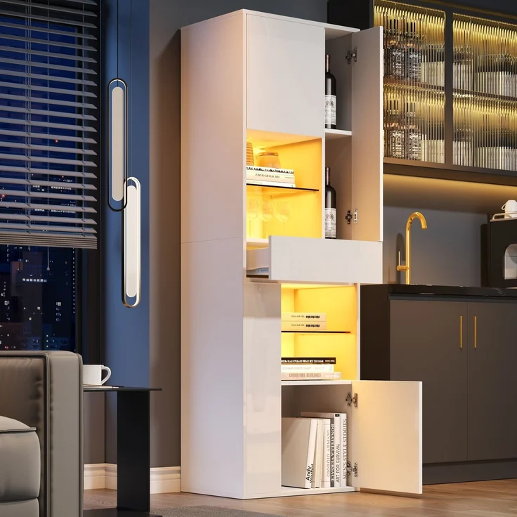 Merax 170cm Verkaufsvitrine, Hochschrank mit 1 Schublade und 4 Schränken, Glasvitrine Vitrinenschränke mit led beleuchtung, Vitrinen Mit Hochglanz-Design, Weiß – Bild 3