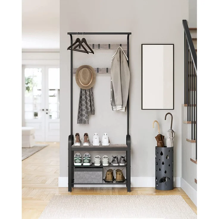 Vasagle Garderobenständer, Garderobe, Schuhregal mit Sitzfläche, Kleiderständer mit 9 abnehmbaren Haken, Sitzbank, 2 Gitterablagen, 183 cm hoch, Indus [HSR40 MB] – Bild 9