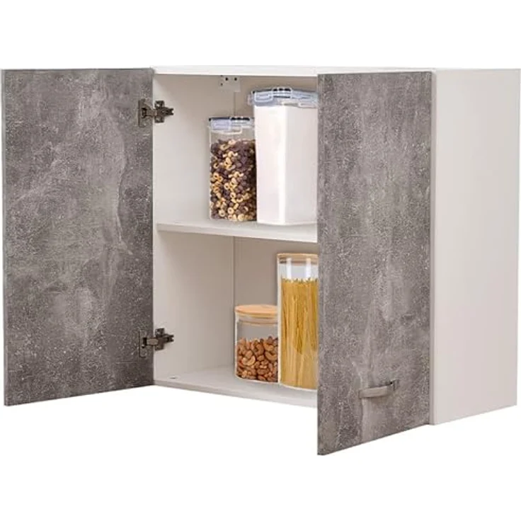 Hängeschrank für die Küche, Hängeschrank aus Holz mit Zwei Türen, 1 Regal und 2 Fächern, geräumiger und robuster Wandschrank, Maße: 80 x 32 x 72 cm (grau) – Bild 5
