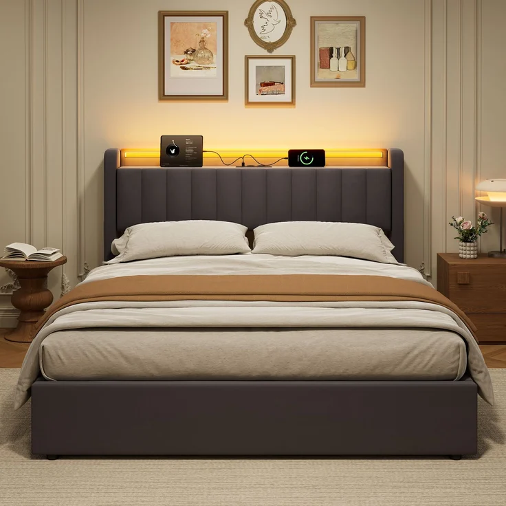 Polsterbett 160 x 200 cm aus Samt mit Stauraum, USB-Anschluss und LED-Beleuchtung, Dunkelgrau – Bild 3