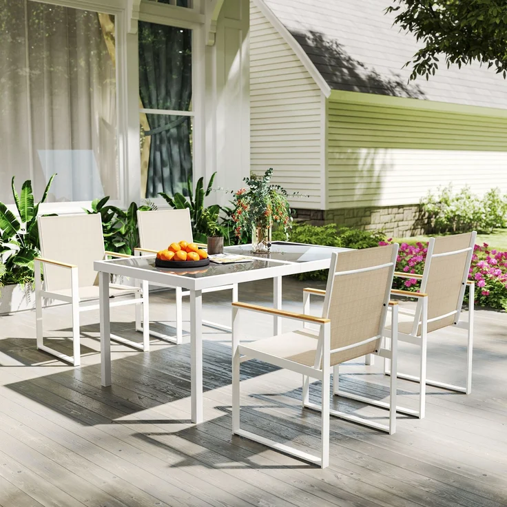 Gartenset mit rechteckigem Esstisch aus Glas und 4 Stühlen mit Armlehnen, mehrfarbig – Bild 4