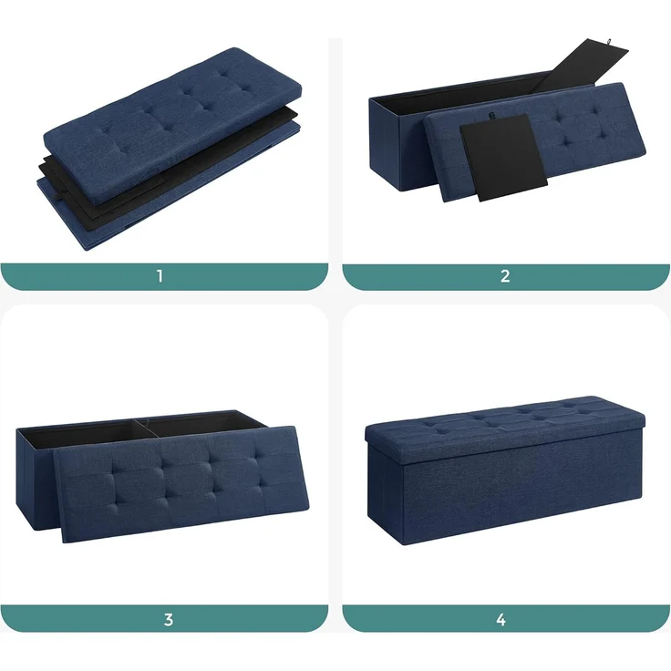 Sitzbank mit Stauraum, 110 cm, klappbare Sitztruhe, Aufbewahrungsbox, Fußbank, dunkelblau – Bild 4