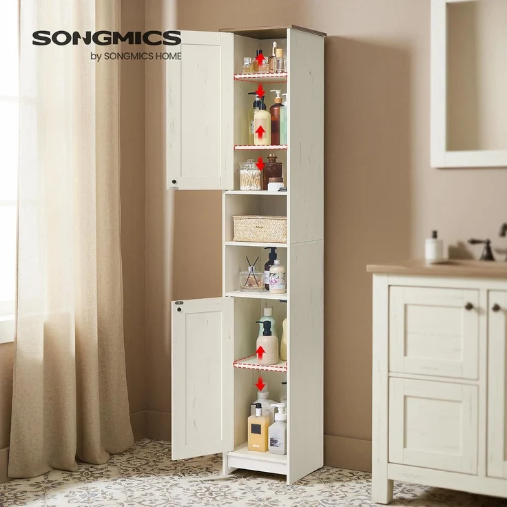 SONGMICS HOME Badezimmerschrank, Toolless-Technologie, superschnelle werkzeuglose Montage, Badschrank schmal, verstellbare Ablagen, Wohnzimmer, Flur, 30 x 30 x 170 cm, vintageweiß – Bild 2