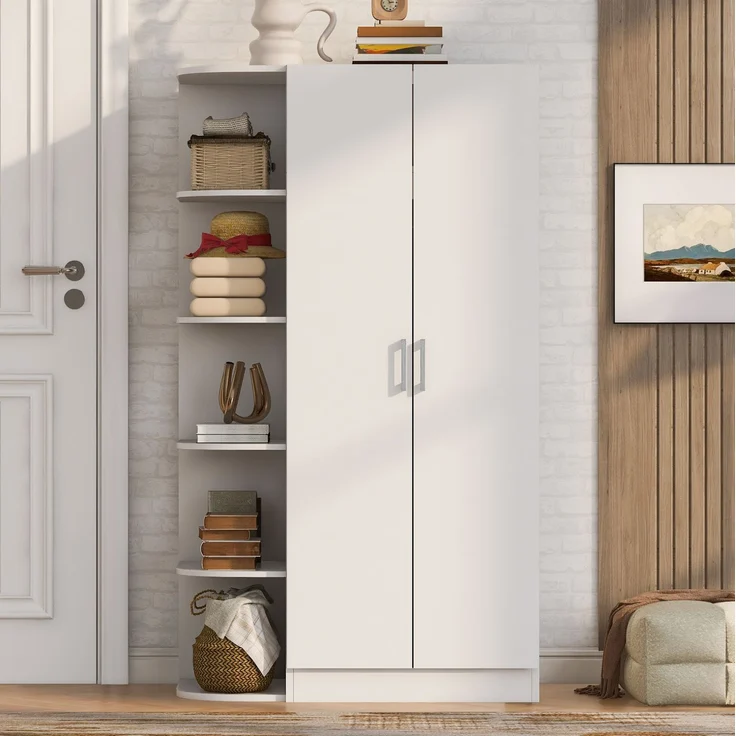 Kleiderschrank 90 x 55 x 170 cm mit Doppeltüren, Regalböden und Schubladen – Weiß und Naturholz – Bild 3