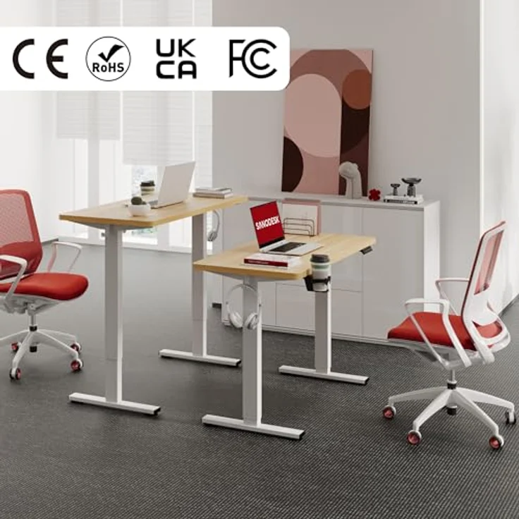 SANODESK Höhenverstellbarer Schreibtisch mit VOLLSTÄNDIGER TISCHPLATTE, 4 Zubehörteilen (Becherhalter, Haken, Aufbewahrungsbox, Kabelmanagement), ergonomisch für Büro und Homeoffice, Ahorn, 110x54 cm – Bild 4