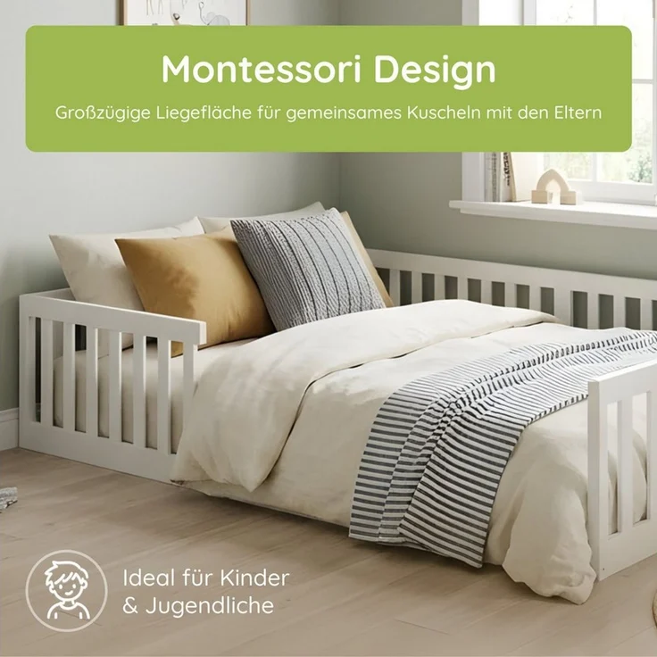 Kids Collective Kinderbett Bodenbett Bett mit Rausfallschutz & Lattenrost Montessori Bett Kinder (90x200, 120x200 und 140x200), Jugendbett Einzelbett Kiefer-Vollholz Weiß 120x200 – Bild 3