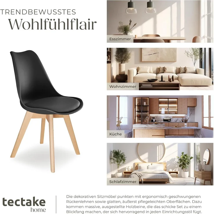 tectake Esszimmerstuhl Küchenstuhl Scandi-Design, gepolsterte Sitzfläche, 49 x 53 x 82 cm (Polsterstuhl Frederikke in schwarz, 6 St), ergonomische Form, massive Holzbeine, bodenschonende Filzgleiter – Bild 8