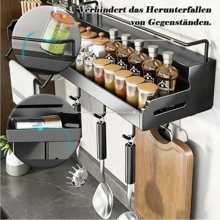TUWENA Gewürzregal Gewürzregal Wand, GewürzregaleKüchenregal wand ohne Bohren, Gewürzregal Hängend mit Messerschlitz, 12 Haken, 2 Becher – Bild 3