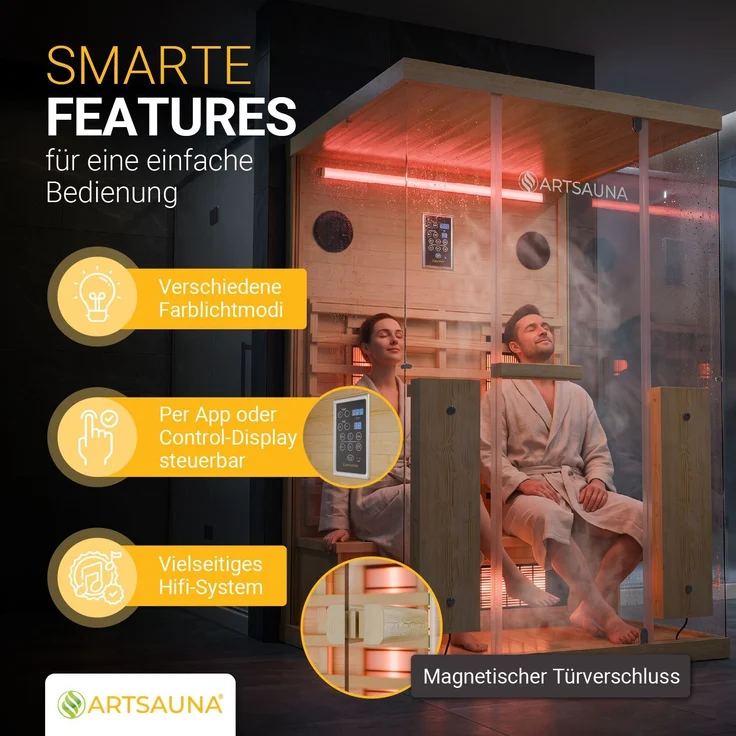 Artsauna Infrarotkabine Göteborg 120 – Natur, Wärmekabine mit Vollspektrumstrahlern, Hemlockholz & Sicherheitsglas, LED-Beleuchtung – Bild 2