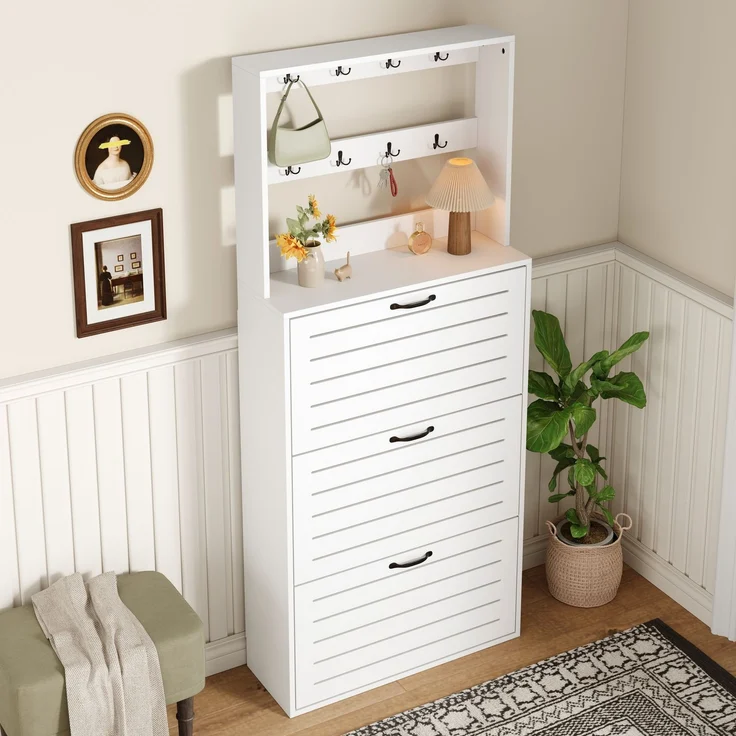 ZUBALIYA Schuhschrank (70 x 25 x 163 cm), 3 Türen, Lamellengestaltung, Aufbewahrung für Schuhe, Hausschuhe und Schuhzubehör, Weiß – Bild 8