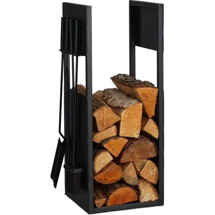 Schwarzes Kaminholzregal mit Besteck 10047806 – Bild 9