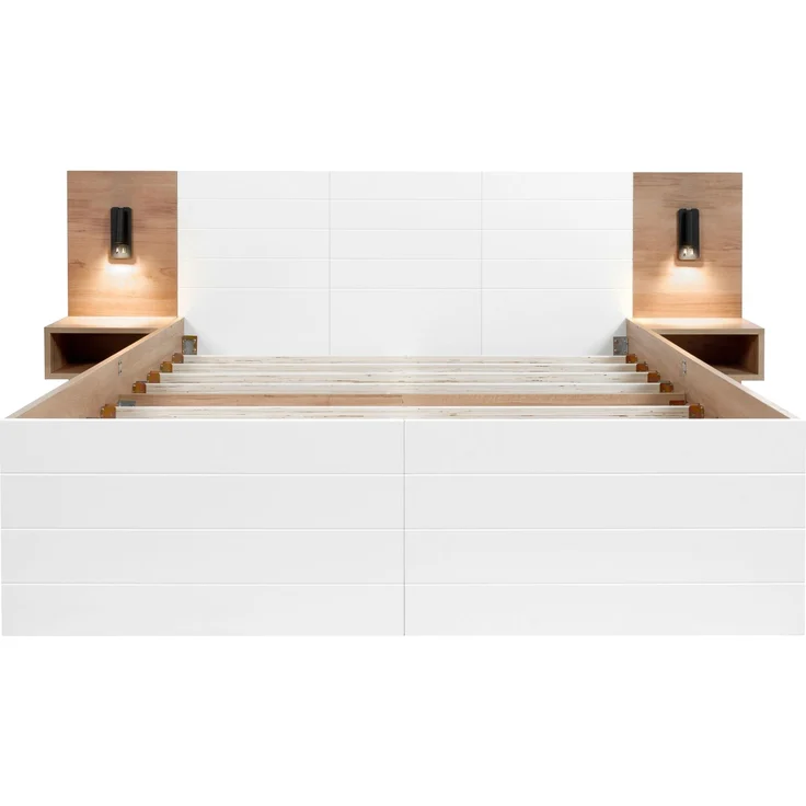 Merax Doppelbett Holzbett 180×200cm mit 2 Schubladen, Kopfteil Leselicht mit USB Ladefunktion, inkl. 2 Nachtkommode, Eiche/Weiß(Ohne Matratze) – Bild 9