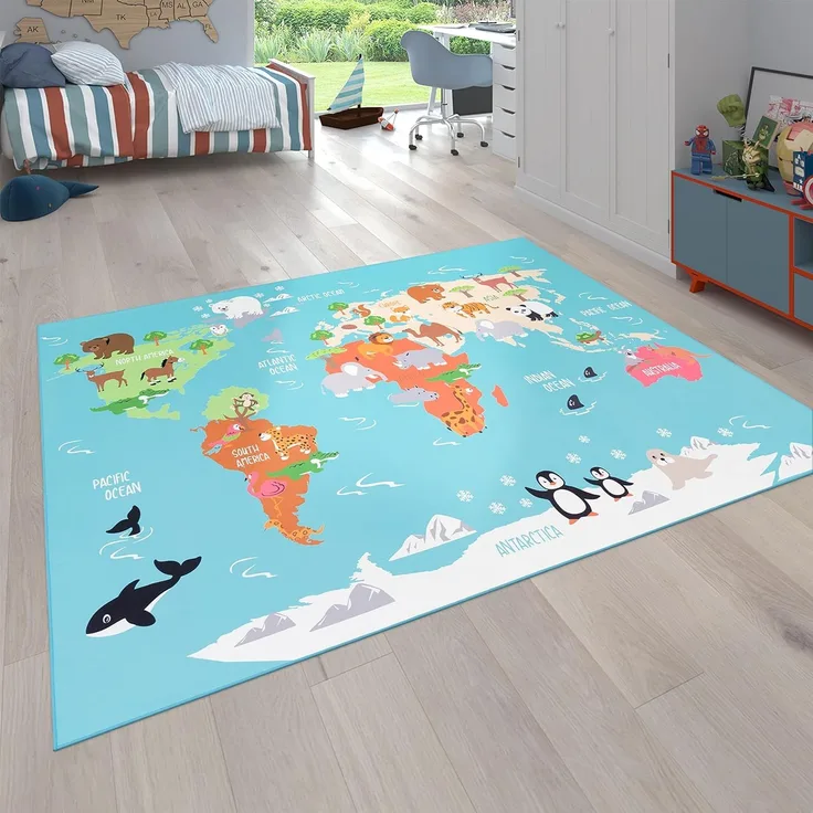 Paco Home Kinderteppich Bino 564, rechteckig, Höhe: 4 mm, Kurzflor, Motiv Weltkarte, Kinderzimmer