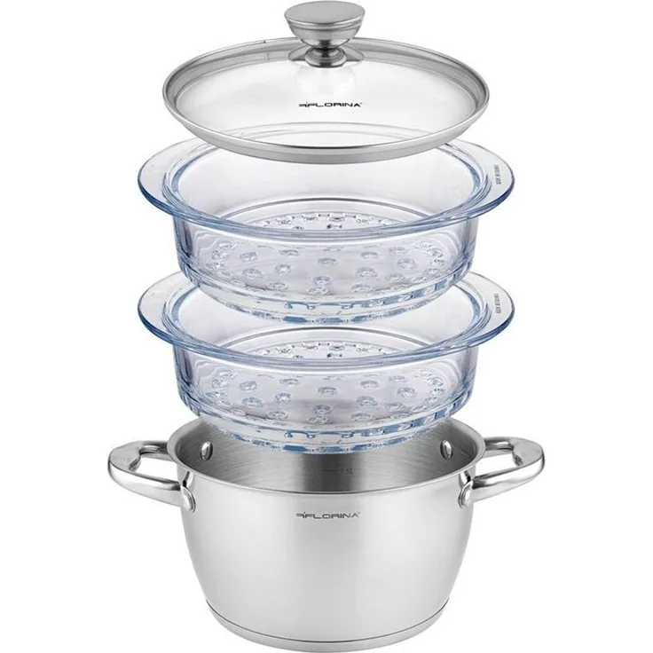 Florina DAMPFKochtopf SATINA 20CM INOX 3-PIECE (2.5L Topf 2X 1.9L Glastopf Deckel)