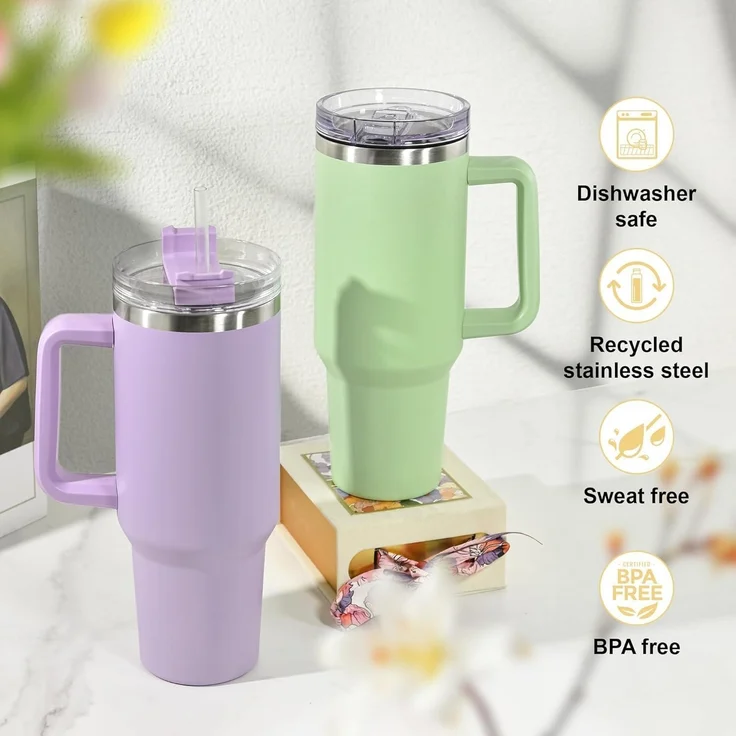 FECBK Thermobecher mit Strohhalm und Henkel 1,2L Vakuumisoliert Kaffeebecher – Bild 5