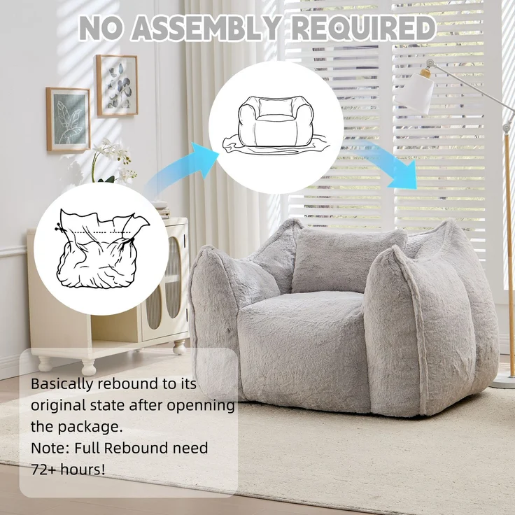 Riesiger Sitzsack mit Kissen, bequemer großer Sitzsack für Erwachsene und Kinder, Kunstfell-Bodensofa für Wohnzimmer, Schlafzimmer und Wohnung, Grau--Grau--123x97x73cm--YOUDENOVA – Bild 7