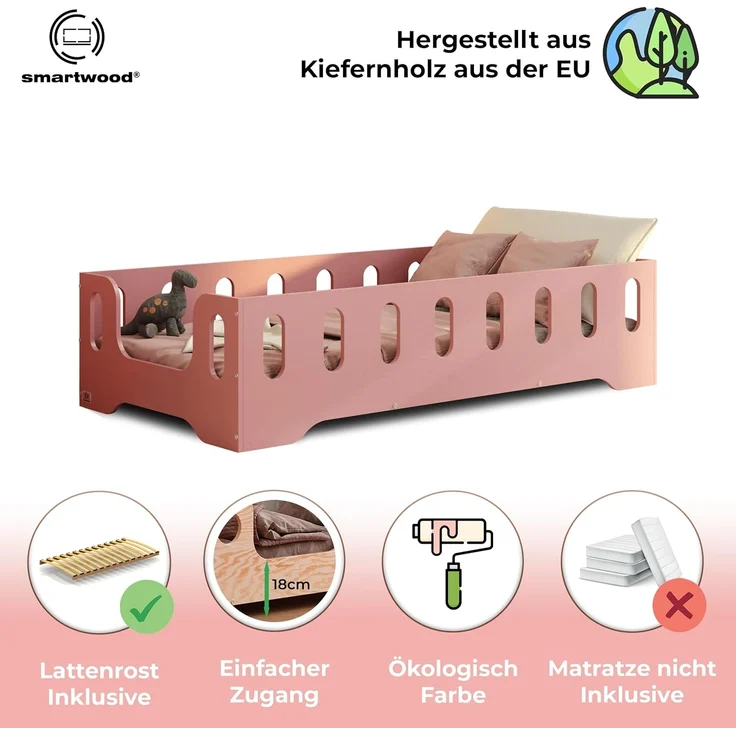 smartwood Kinderbett Bodenbett 140x190 mit Rausfallschutz & Lattenrost - Rosa - Kinder Montessori Bett TILA 2B mit glatten Kanten - Betten für schnelle Montage - Bis 300 kg belastbar – Bild 3