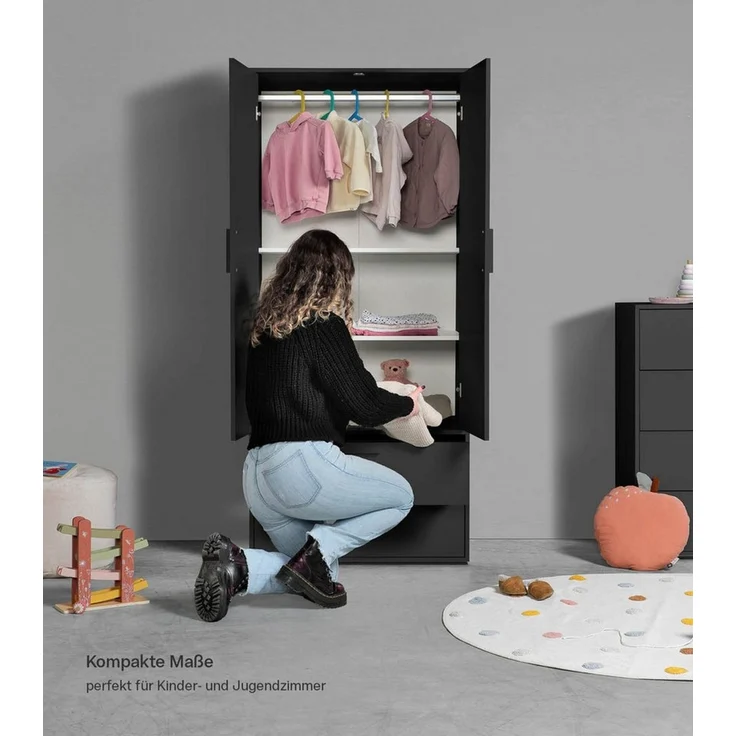 mokebo Kleiderschrank Der Kleiderheld (80x180x51 cm, 2-türig, 2 Schubladen & 2 Einlegeböden) Garderobenschrank, Schlafzimmerschrank oder Schrank in Schwarz – Bild 3