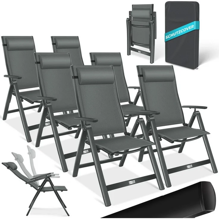 KESSER® Gartenstuhl Hochlehner mit Armlehnen | Aluminium Klappstuhl inkl. Kopfkissen Campingstuhl 7-Fach Verstellbar Rückenlehne | Atmungsaktiv & Wetterfest | Klappbar & Anti-Rutsch Anthrazit, 6 Stück – Bild 1