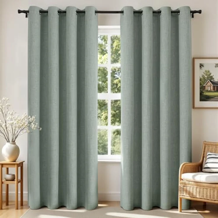 Joydeco Verdunkelungsvorhänge aus 100% Leinen, 160 cm lang, 2 Paneele, wärmeisolierter Jutevorhang und Vorhänge, Ösen, Raumverdunkelung, Wohnzimmer (132.1x160 cm, salbeigrün) – Bild 1