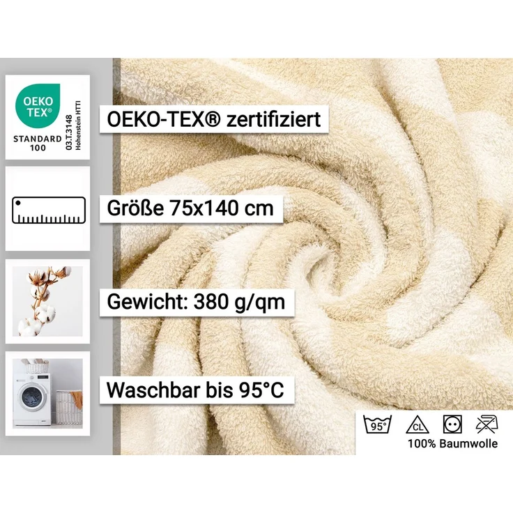 2er Set Duschtücher 75x140 cm Baumwolle 380 g/qm beige-gestreift – Bild 4