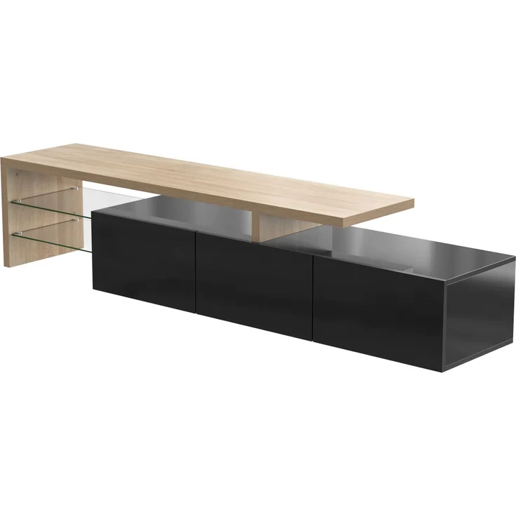 TV-Lowboard 197.5 cm mit LED-Beleuchtung, Glasböden & 3 Schränken, modernes Schwarz-Holz Design für Wohnzimmer – Bild 9