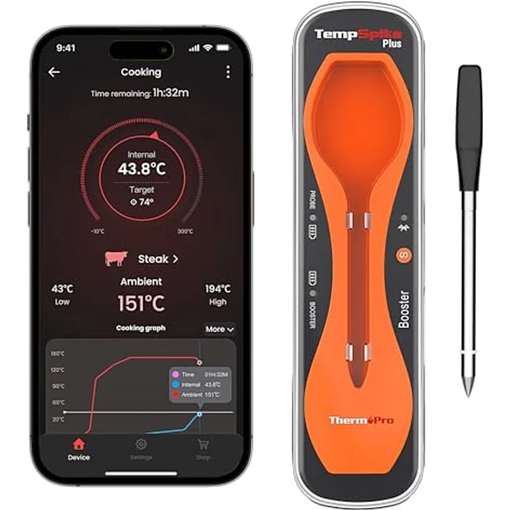 ThermoPro TempSpike Plus 180M kabelloses Fleischthermometer mit verbesserter ultradünner Sonde Bluetooth-Bratenthermometer für den Außengrill Smoker Grillthermometer mit APP für BBQ Küchen – Bild 2