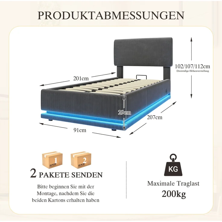 Polsterbett, Cord-Samt mit LED & USB-Anschluss, Stauraum, 91x207x102/107/112 cm, Dunkelgrau, ohne Matratze – Bild 10