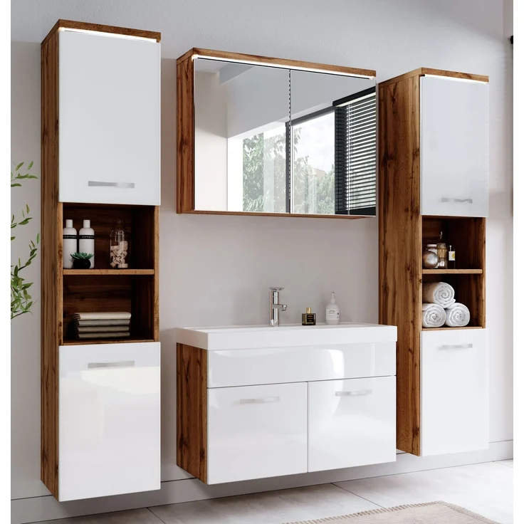 Badplaats Badmöbel Komplettset Paso XL LED 80x40 cm Eiche mit Weiß Hochglanz - Badezimmermöbel mit Waschbecken, Spiegelschrank und 2 Badezimmerschränke – Bild 2