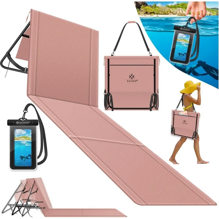 KESSER® Strandmatte klappbar mit verstellbarer Rückenlehne, Strandliege faltbar mit Tragegurt, wasserdichter Handyhülle & Aufbewahrungstasche, Sonnenliege für Strand Garten Terrasse, Liegematte 130Kg Rosa, 1er Set / 50W – Bild 1