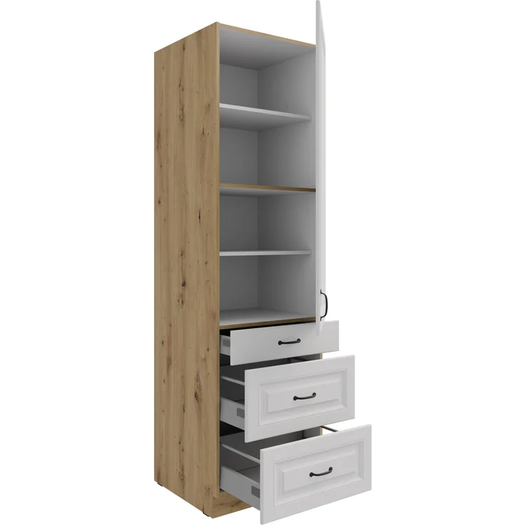 Küchen Hochschrank 60 cm mit Schubladen Stilo Weiss + Eiche Artisan Küchenzeile Küchenblock Einbauküche Landhaus Küche – Bild 2