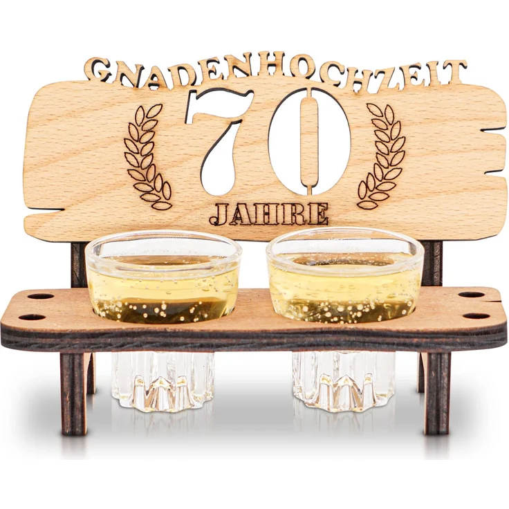 DARO Design - Schnapsbank 70. Hochzeitstag Gnadenhochzeit Geschenk Deko für Paare Männer Frauen aus Holz mit Gläsern