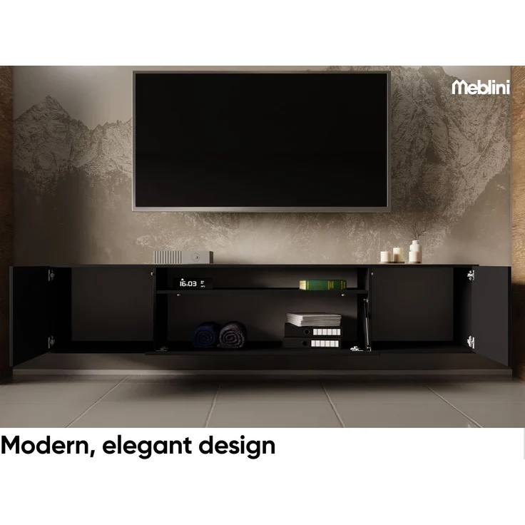 MEBLINI TV-Schrank 200cm Lang - Fernsehschrank - TV Lowboard Industrial - Unterschrank für Fernseher - TV-Unterschrank - TV-Schrank - Hängeschrank - LION - 200x41x40cm - Schwarz Matt – Bild 4