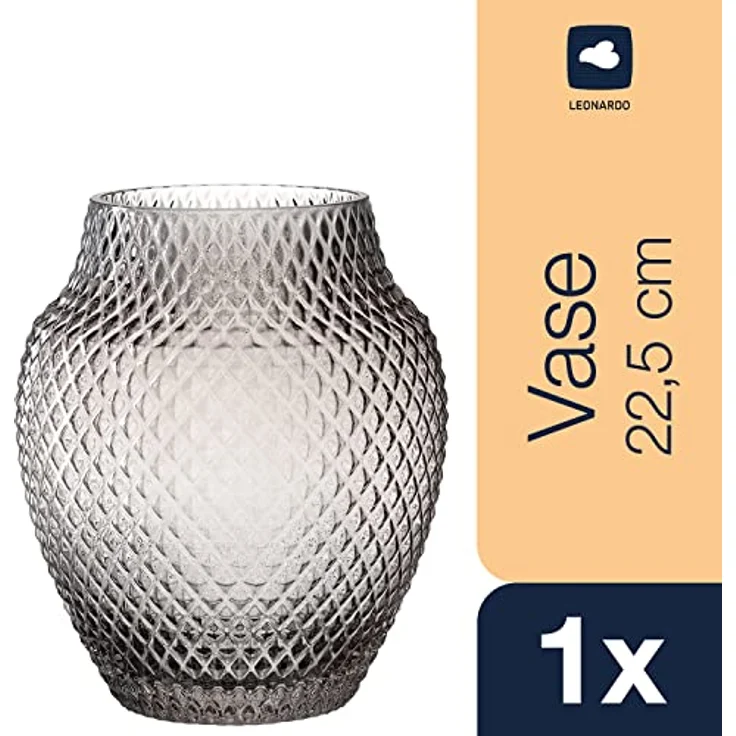 LEONARDO Poesia Tisch-Vase, handgefertigte Deko-Vase in Grau, bauchige Blumen-Vase und Kerzen-Halter aus Glas, 22,5 cm hoch, großes Windlicht – Bild 2