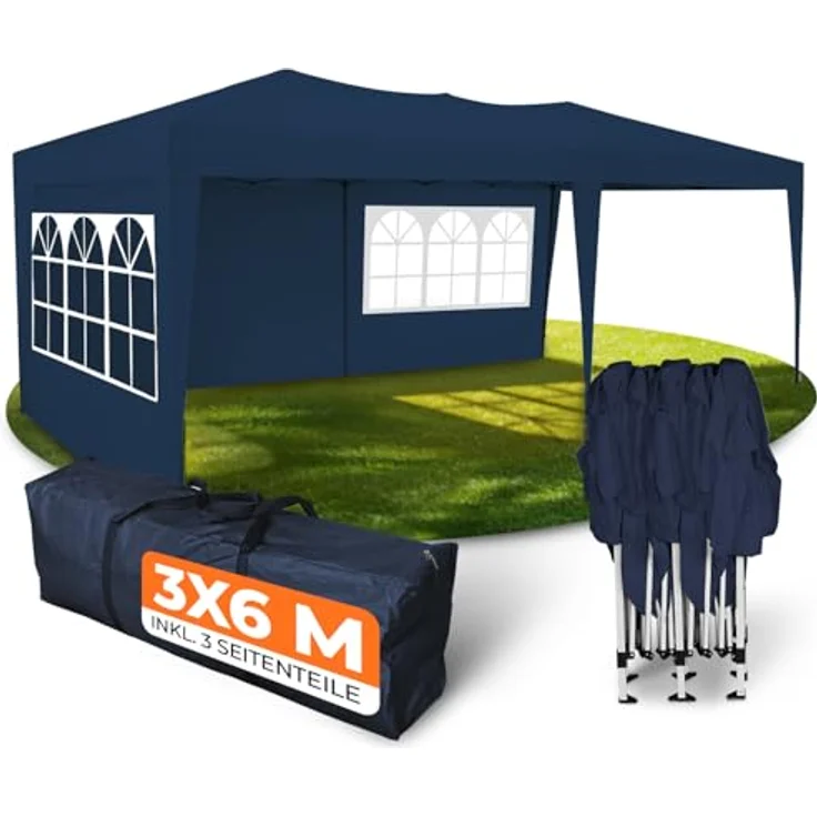 Kronenburg Faltpavillon wasserdicht Pavillon mit 3 Seitenteilen, Gartenzelt, 3x6 m - mit UV Schutz 50+, Blau – Bild 2