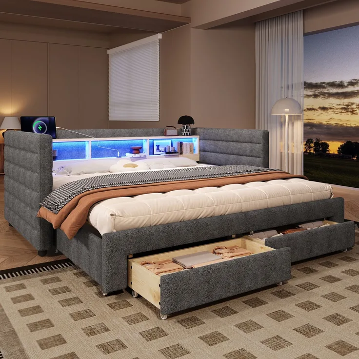 Tagesbett, Daybett, Schlafsofa, 90 × 190 cm, multifunktionales Ausziehbett-Design, USB- + Typ-C-Anschlüsse, mit zwei Schubladen, mehreren Staufächern, LED-Lichtleiste, Ohne Matratze, Samt, Grau
