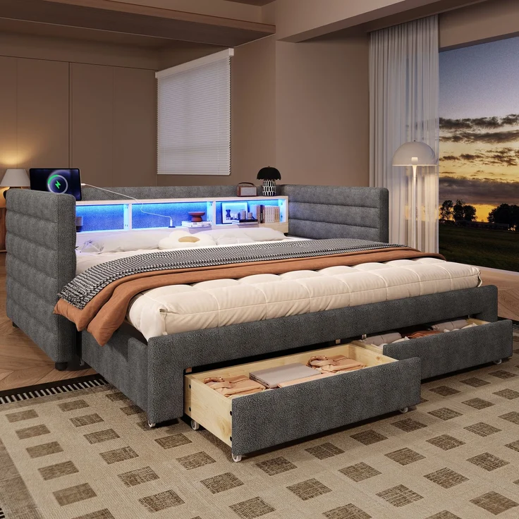 Tagesbett, Daybett, Schlafsofa, 90 × 190 cm, multifunktionales Ausziehbett-Design, USB- + Typ-C-Anschlüsse, mit zwei Schubladen, mehreren Staufächern, LED-Lichtleiste, Ohne Matratze, Samt, Grau – Bild 1