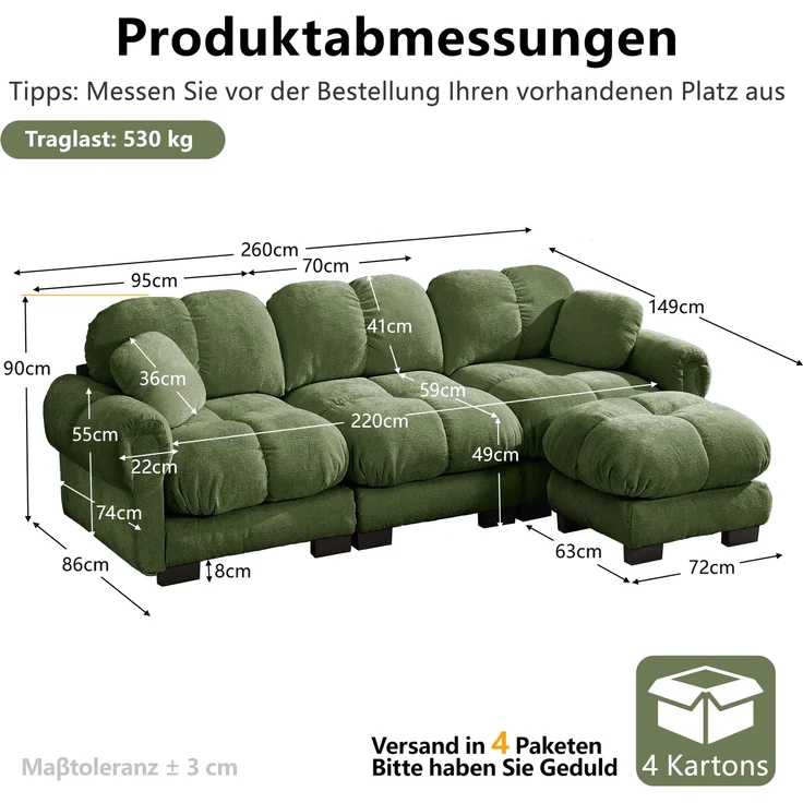EINHOM 3-Sitze L-förmiges Cloud Sofa, inklusive mobiler Ottomane und 2 kleinen Dekokissen, Feines Steppdesign, Dicke Sitzkissen, Weich und Stützend, Einfach Aufzubauen, geeignet für das Wohnzimmer, grün – Bild 2