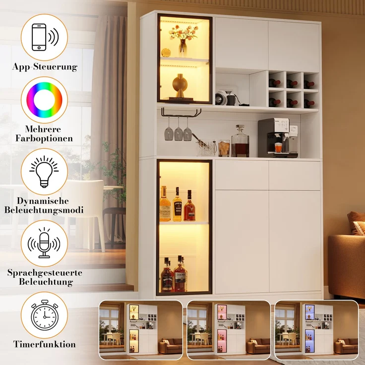 Hochschrank Vitrine 120×33×200cm, Wohnzimmer Schrank mit 6 Türen, 2 Schubladen, LED‑Beleuchtung, offenen Fächern, Hartfaserplatte & gehärtetem Glas, Weinschrank für Wohn‑ und Esszimmer – Bild 7