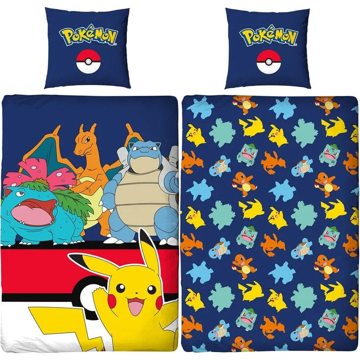 BERONAGE Kinderbettwäsche Pokemon Bettwäsche Pikachu Glurak Bisaflor Turtok Linon / Renforcé, 100% Baumwolle, 135x200 + 80x80 cm – Bild 1