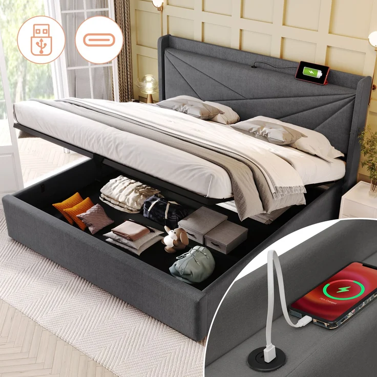 Polsterbett 160x200 cm mit Stauraum,Kopfteil mit USB & Typ-C Ladefunktion,Grau,inklusive Matratze – Bild 6