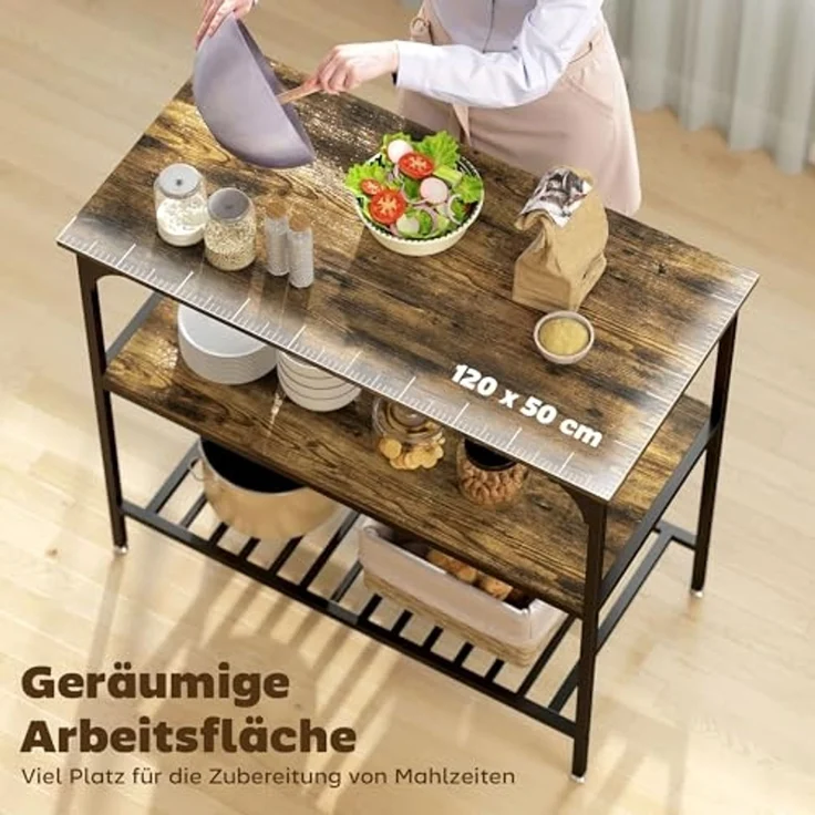 HOMCOM Küchenregal Industrielles Bäckerregal mit großer Arbeitsplatte, Stahlrahmen, 3-stufiges Standregal 1-tlg, für Esszimmer, Küche, Wohnzimmer, 100 x 50 x 90 cm, Rustikal-Braun – Bild 4