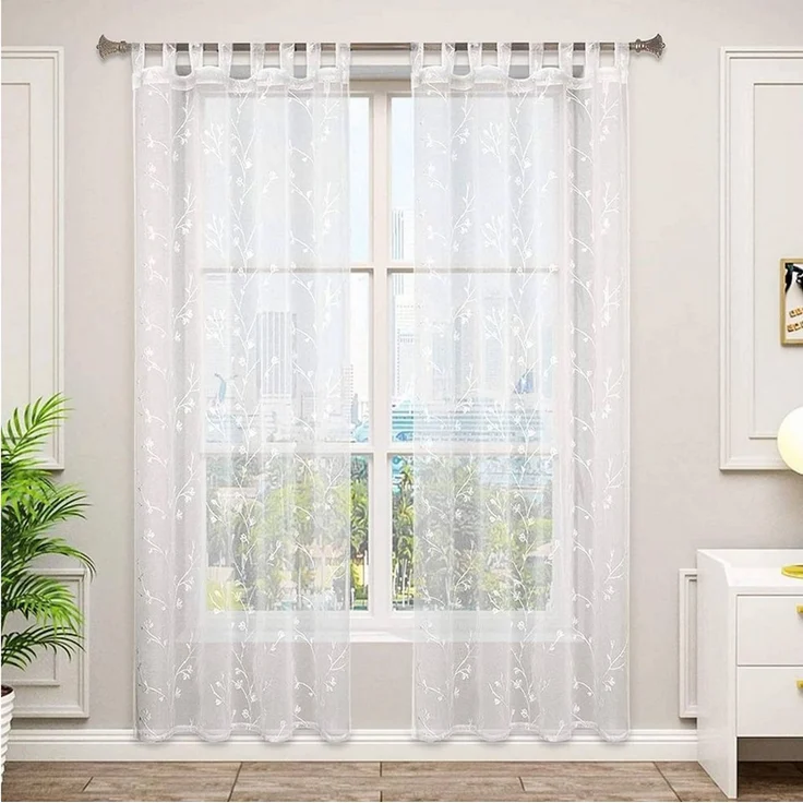 Woltu Gardine (2 St), halbtransparent, Blumen Stickerei mit Schlaufen Leinen Optik – Bild 2