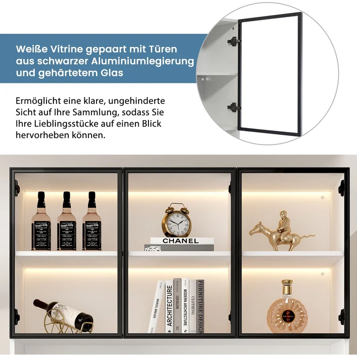 Vitrine 240 x 36 x 200 cm aus Spanplatte und Glas, mit LED-Beleuchtung – Bild 8
