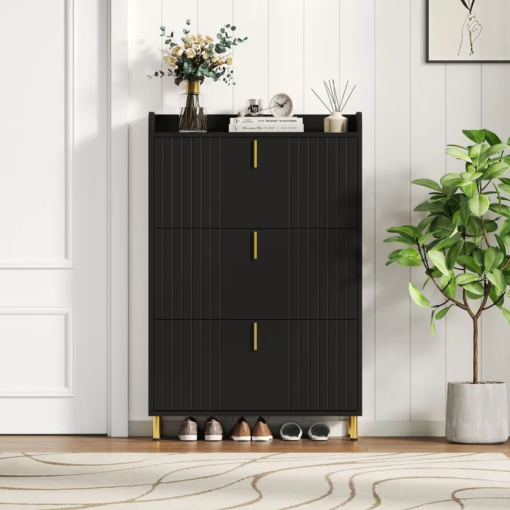 Schuhschrank 80x23x123,5 cm mattschwarz gold Metallfüße 3 Türen verstellbare Böden