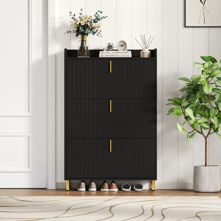 Schuhschrank 80x23x123,5 cm mattschwarz gold Metallfüße 3 Türen verstellbare Böden – Bild 1
