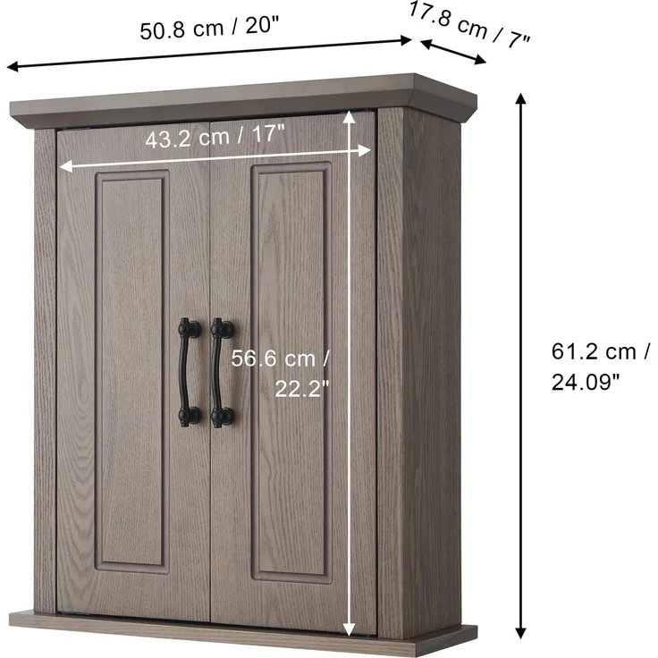 Teamson Home Russell Badezimmer-Wand-Medizinschrank aus Holz, 17,8x50,8 cm, 61,2 cm, Doppeltüren, Salzeiche, EHF-F0014 – Bild 3